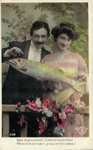 Aprils Fools Day Victorian Romantic Lady and Men Fish RPPC 06.80