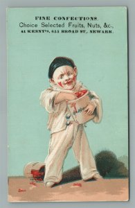 NEWARK NJ FINE CONFECTIONS FRUITS NUTS ADVERTISING ANTIQUE TRADE CARD w/ CLOWN