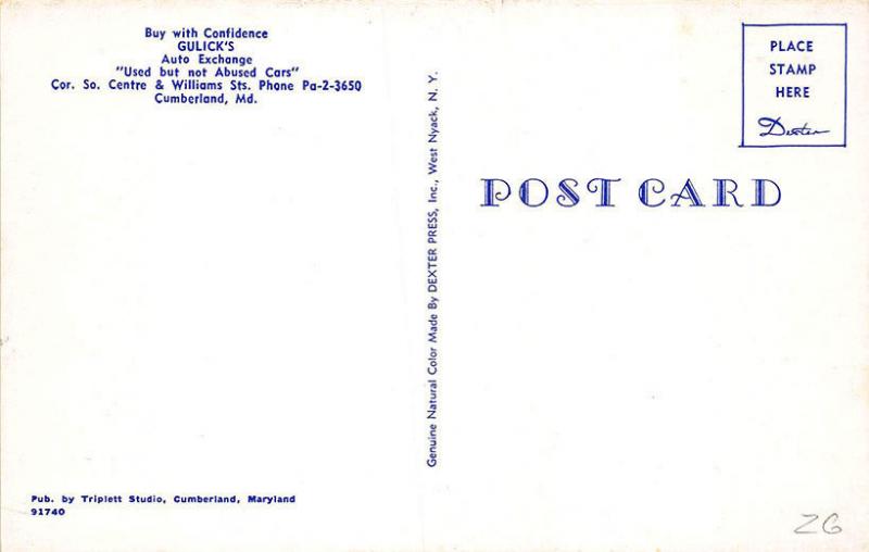 Cumberland MD Gulick's Used Cars Dealership Aerial View Postcard