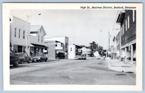 1970's SEAFORD DELAWARE HIGH ST BUSINESS DISTRICT STORES CLASSIC CARS POSTCARD