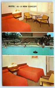 MOTEL 6 - A NEW CONCEPT! ~ No Location 6 Bucks a Night !  c1950s Cars Postcard