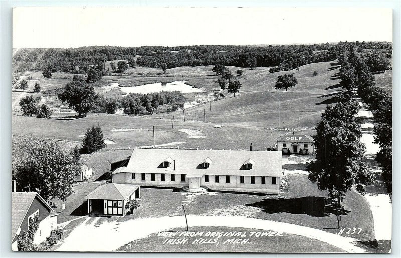 VTG Postcard RPPC Real Photo Irish Hills MI Golf Course Tower Arial View A5