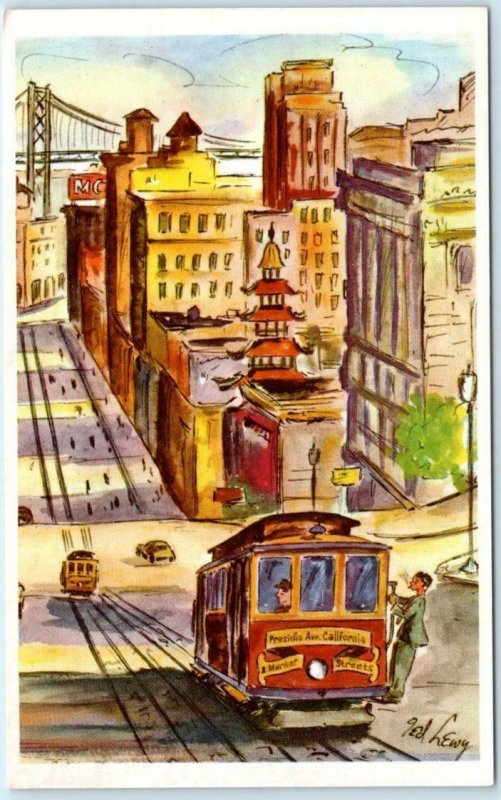 TED LEWY Artist Signed SAN FRANCISCO CABLE CAR, California CA 1950s-60s Postcard