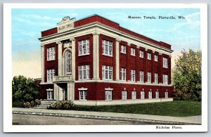 Platteville Wisconsin~Masonic Temple Bldg Street View~EC Kropp Vintage Postcard