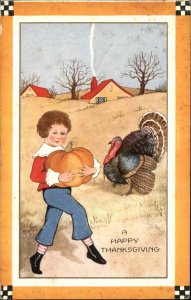 Art Deco Thanksgiving Little Boy & Turkey c1915 Whitney Postcard