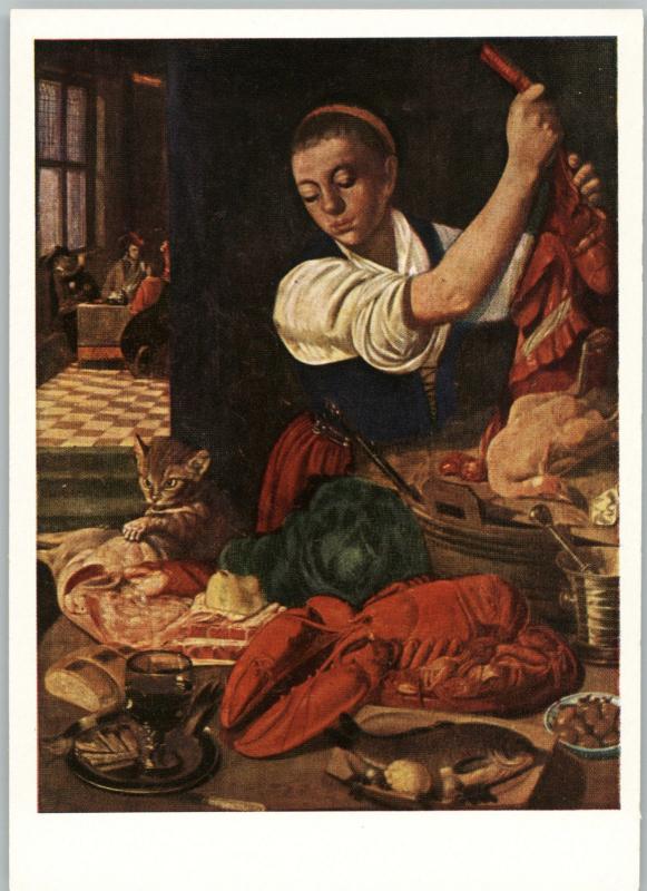 RARE Young woman at the table with lobster Cat Still life Russian Postcard