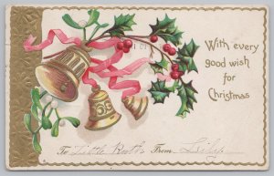 Holiday~Christmas~Golden Bells Ring on Holly Branch~Pink Ribbon~Vintage Postcard