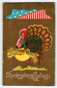 Thanksgiving Greetings Postcard Patriotic Turkey US Stars Stripes Vintage