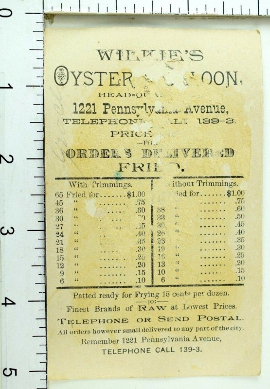 1880's Wilkie's Oyster Salon 1221 Pennsylvania Ave, DC w/ Prices Trade Card F91