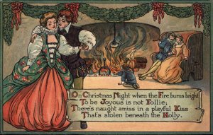 Christmas Elizabethan Scene Man and Woman Fireplace c1910 PC