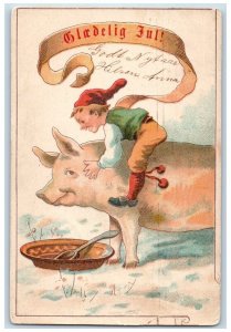 Norway Postcard Little Boy Riding Big Pig Hog c1905 Posted Antique