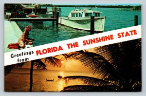 Boat on Water Greetings from Florida the Sunshine State Vintage Postcard 0813