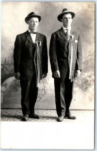 c1910s 2 Unknown Dapper Young Men Portrait Real Photo Postcard Canes Ribbons A69