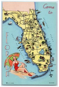 c1940 Map Come To Florida Woman Sunbathing Umbrella Florida FL Unposted Postcard