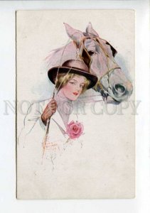 422960 BELLE Lady & HORSE by Court BARBER vintage Russian PC