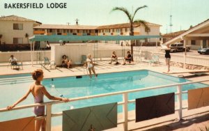 Postcard Bakersfield Lodge Union Ave. Business Highway CA Girls Swimming Pool