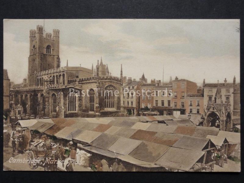 Cambridge: Market Place & Church - busy animated market scene - Old Postcard