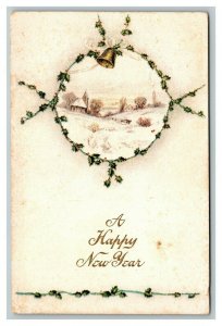 Vintage 1916 New Year Postcard Country Home Mistletoe Holly Berries Gold Bell