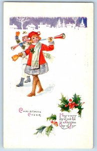 1923 Christmas Children Blowing Horn Holly Berries Winter Embossed Postcard