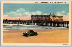 Vtg Daytona Beach Florida FL Ocean Pier & Casino Car Beach 1930s View Postcard