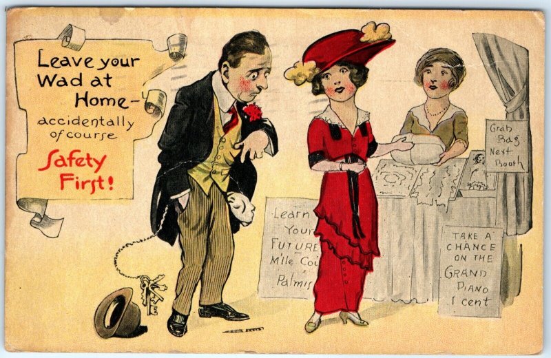 1910 Marital Distress Comic Husband Left Money Wad Home Postcard Wife Shops A80