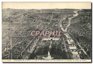 Old Postcard Panorama of Paris for a straight over the Tuileries and the Louv...