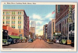 c1940 Akron Ohio OH Vintage Postcard Main Street Looking North Railway Trolley