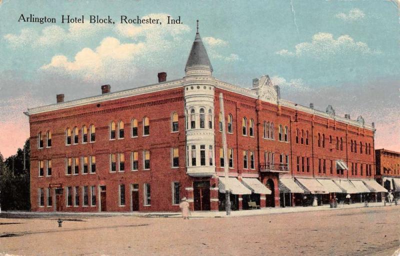 Rochester Indiana Arlington Hotel Block Street View Antique Postcard K27496