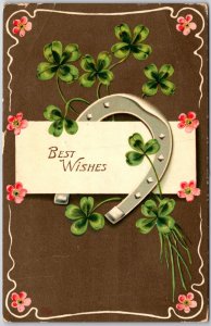 1913 Best Wishes Lucky Leaf Clover & Curve Horseshoe Greetings Posted Postcard