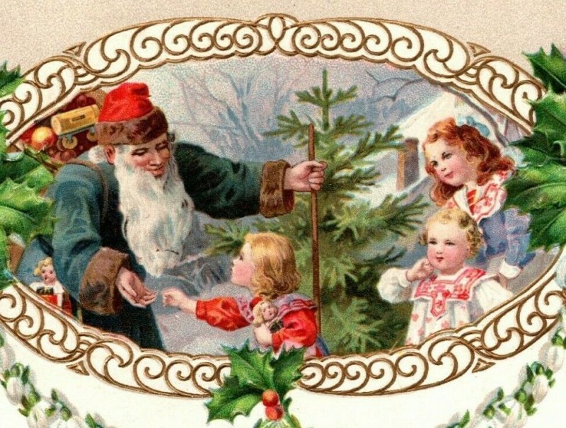 c 1910 Blue Robed Santa St Nick Shares Gifts Victorian Children Holly  Postcard