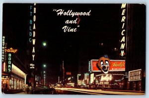 Hollywood California Postcard Hollywood Boulevard Vine Street Night Scene 1960