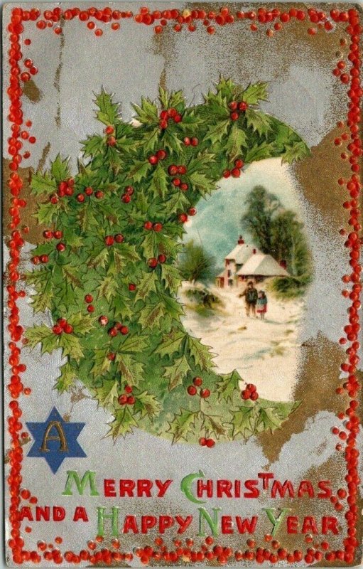 Postcard Merry Christmas Happy New Year Holly Moon Star Holly 1909 Nebraska 1810