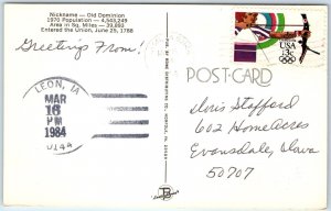 1984 Leon, IA Post Office Cancel Postcard Town USPO Postal History A267