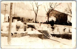 c1920s Chamberlain, SD RPPC Schoolhouse Fire Ruins High School Swingset A168