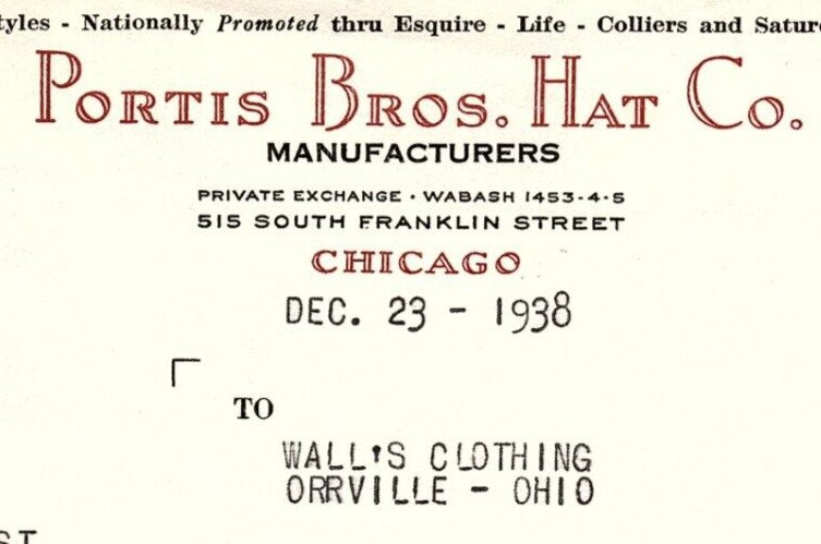 1938 PORTIS BROS HAT CO.  515 S. FRANKLIN ST CHICAGO IL BILLHEAD INVOICE Z1194