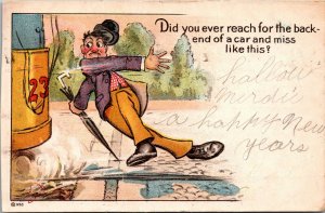 Postcard Vintage Trolley comic Did you Ever Reach for the Back end of A Car 