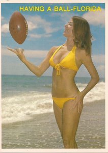 Beautiful Young Woman w Football Florida Beach 1980s Bathing Beauty CONTINENTAL