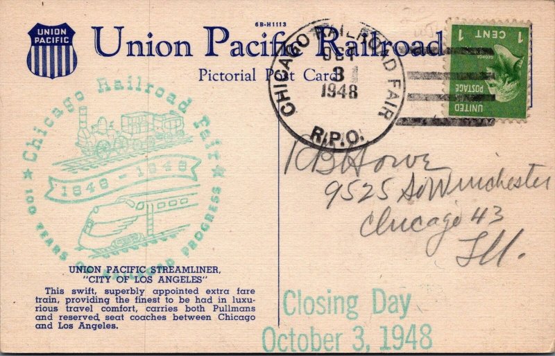 Postcard Union Pacific Railroad Streamliner City of Los Angeles 1948