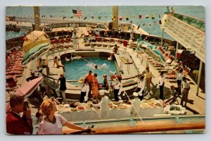 Vintage 1964 SS Constitution Cruise Ship Postcard Sun Deck Buffet Pool Morocco
