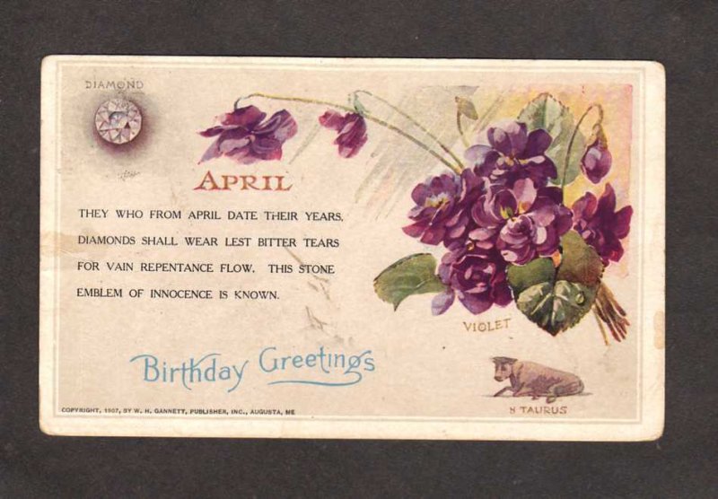 Birthday Greetings Postcard April Diamonds Violets Taurus 1910