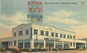 Autos Jacksonville Florida Union Bus Station Postcard linen Tichnor 7202