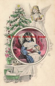 Christmas, Unknown No 5061, Girl Sleeping with Doll, Angel Decorating Tree