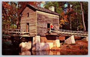 Stone Mt Georgia~Grist Mill Bldg~Bridge~River~Waterwheel~Sunset~1950s Postcard