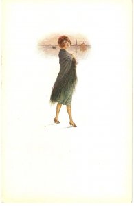 Lady wearing shawl Landscape Rare, Old vintage Italian artist drawn postcard