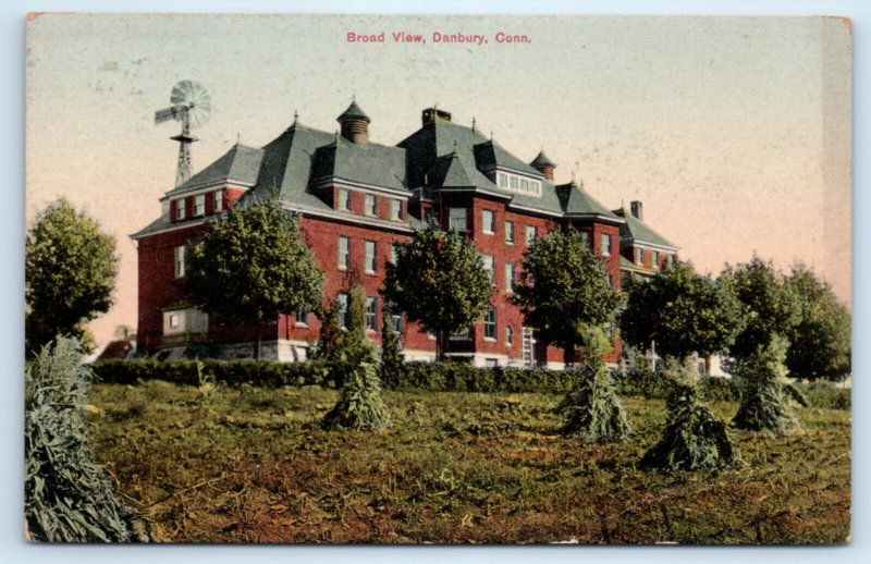 zcDanbury Connecticut Broad View Building Windmill Postcard