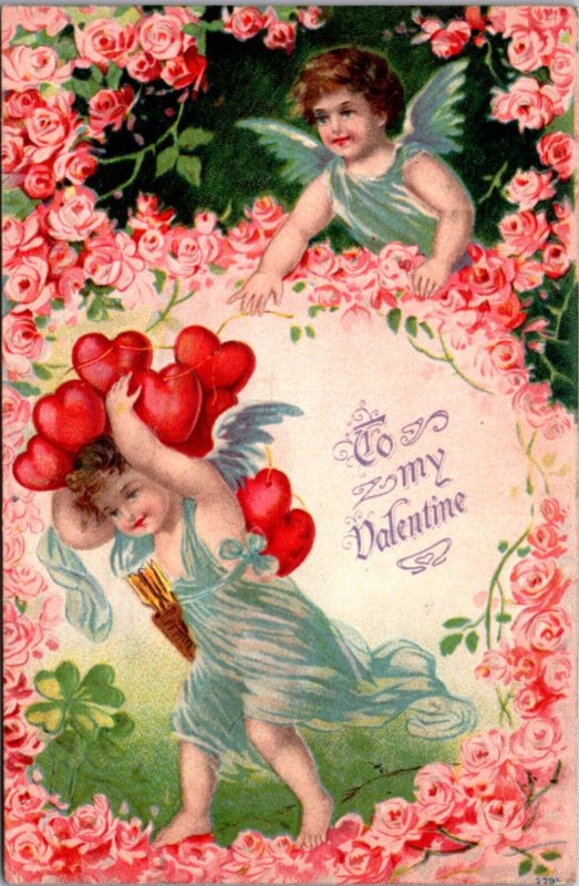 Valentine's Day Postcard Cupid Cherubs Pink Roses Red Hearts Gold Arrows