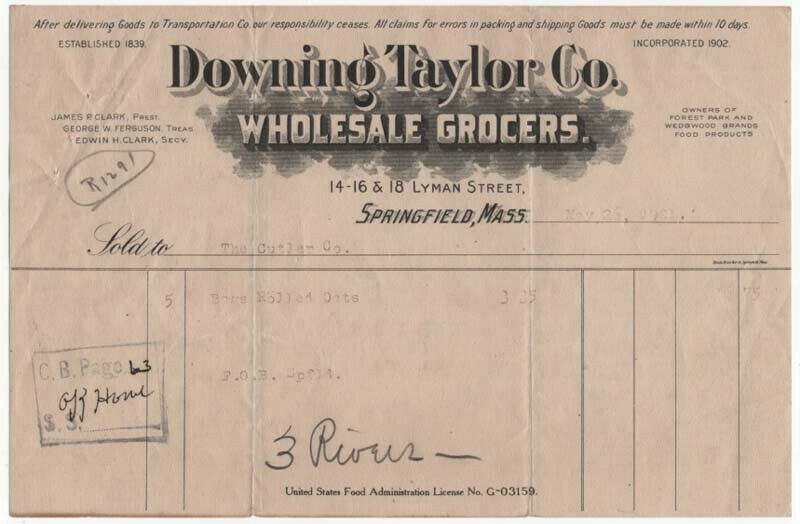 1920 Billhead, DOWNING TAYLOR CO., Wholesale Grocers, Springfield, Massachusetts