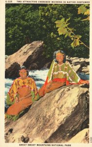 Vintage Postcard 1930's Two Attractive Cherokee Maidens in Native Costumes