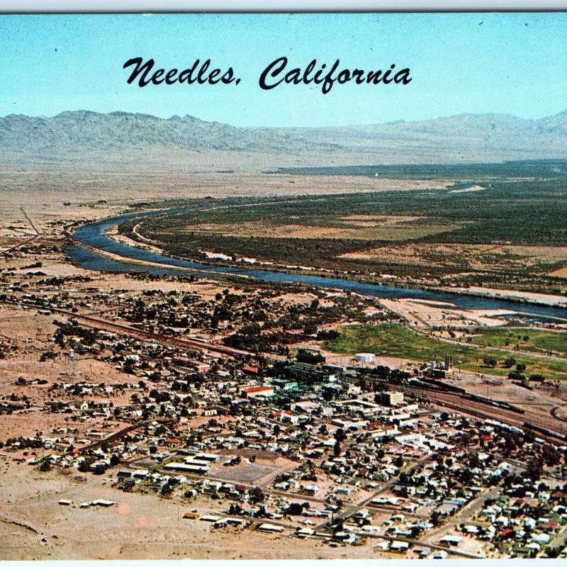 c1950s Needles, CA Aerial Birds Eye View Postcard Downtown Railway Calif Vtg A91