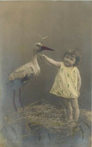 Hand-Colored RPPC Postcard, Little Child in Stork's Nest, S-741-6746, Germany
